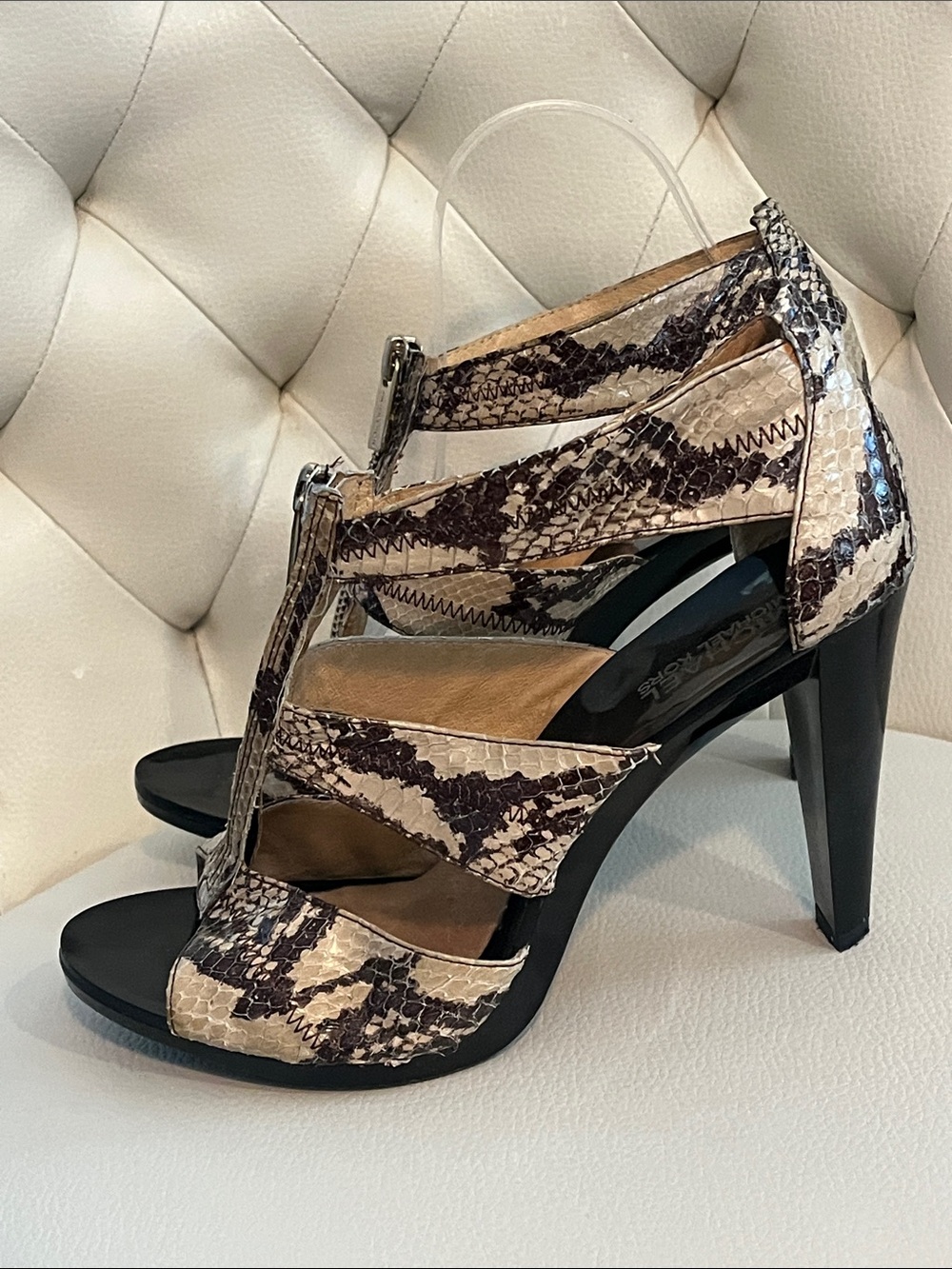 Michael Kors Beige and Black Snake Print Zippered High Heel Sandals - Picture 5 of 10